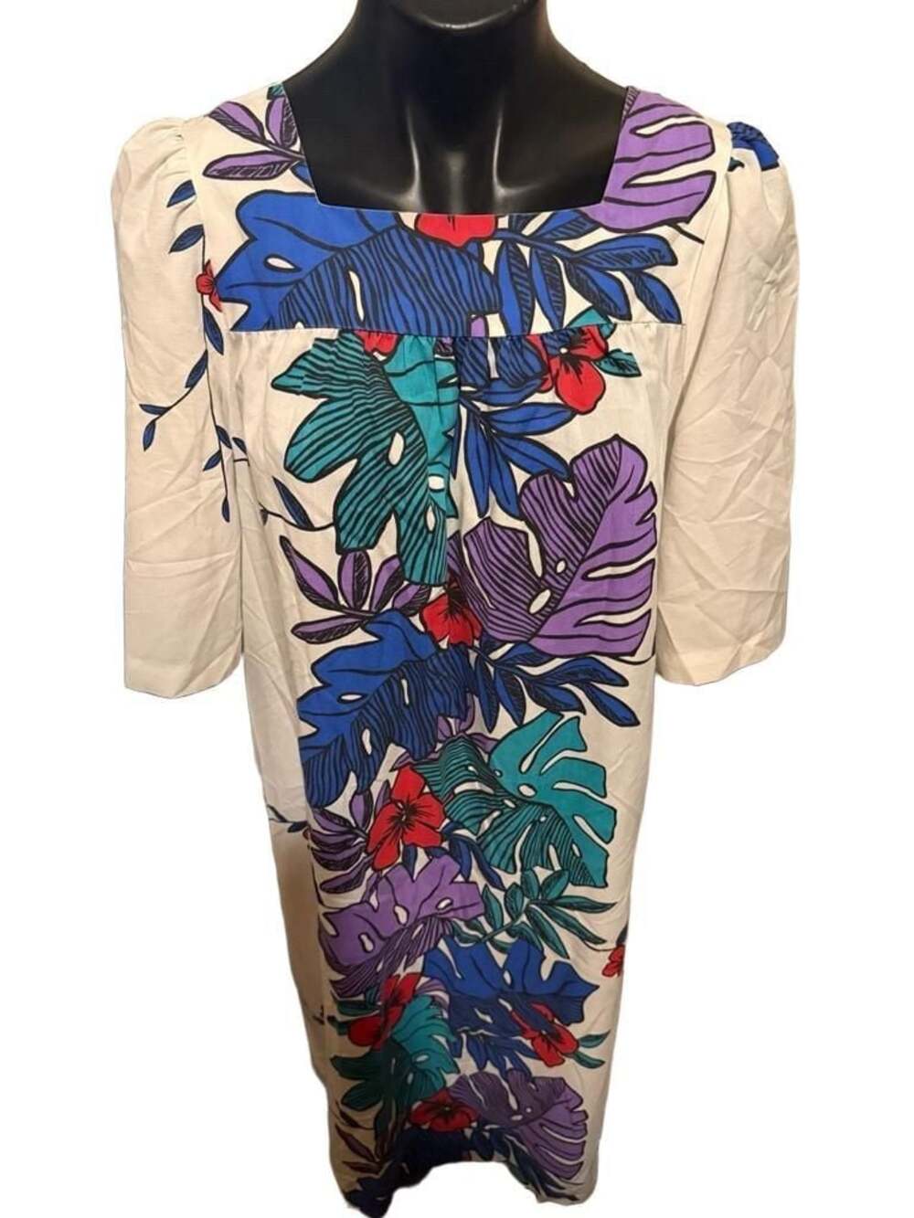 Hilo Hattie Vintage Hawaiian Tropical Leaf Floral Print Muumuu Maxi Dress